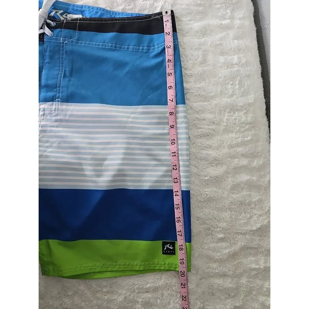 Rusty Board Shorts Striped Blue Green Hook & Loop Mens Size 33 Surfer Beach